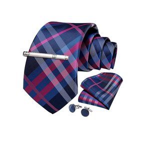 Men's Silk Tie + Pocket Square + Cufflinks + Tie Clip 4 Piece Set